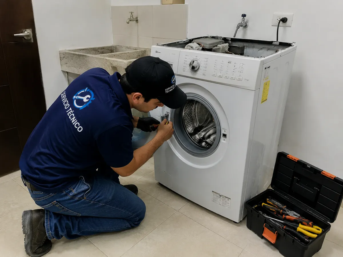 Técnico revisando una lavadora de carga frontal en una vivienda de Cali
